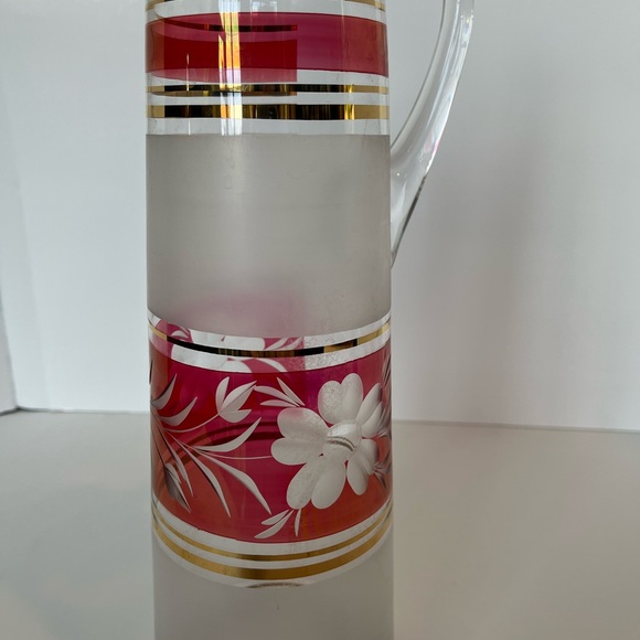 Mid Century Modern Glass Pitcher with Frosted Glass and Etched Floral Design - Picture 11 of 12